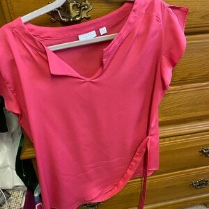 New York & Company Pink Blouse with Asymmetrical Tie Front and Notched Collar